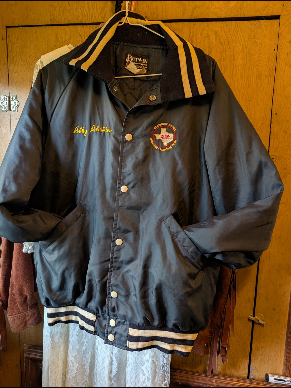 Retro 80's Navy Embroidered Bomber Jacket Windbreaker Snap Button Abby Coat Sz M - Picture 6 of 6